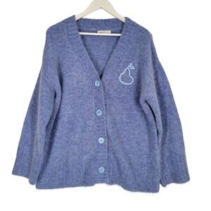 Selfwho Pear Embroidered Alpaca Blend Fuzzy Cardigan Blue V-Neck Sweater Women M